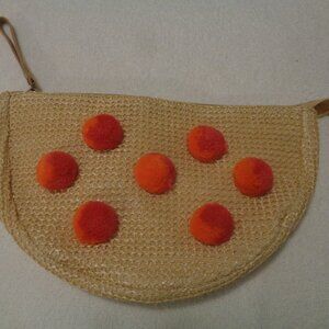 POM POM DARLING FAUX STRAW CLUTCH PURSE